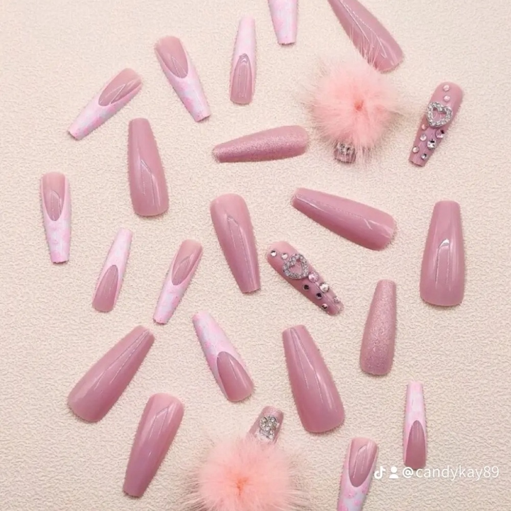 Pink Acrylic Nail Set with Rhinestones